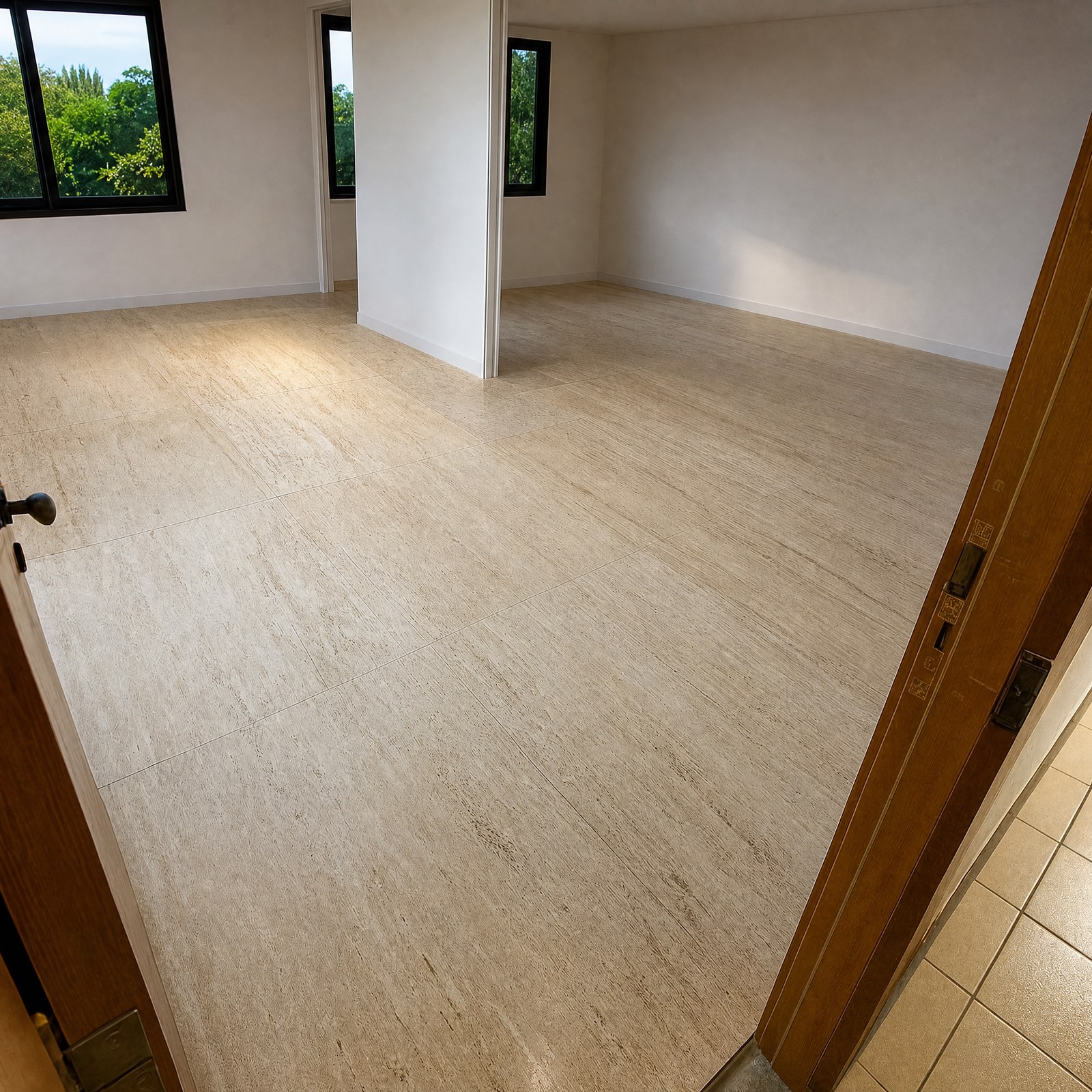 Salão amplo com piso de travertino romano light em placas grandes recém assentadas