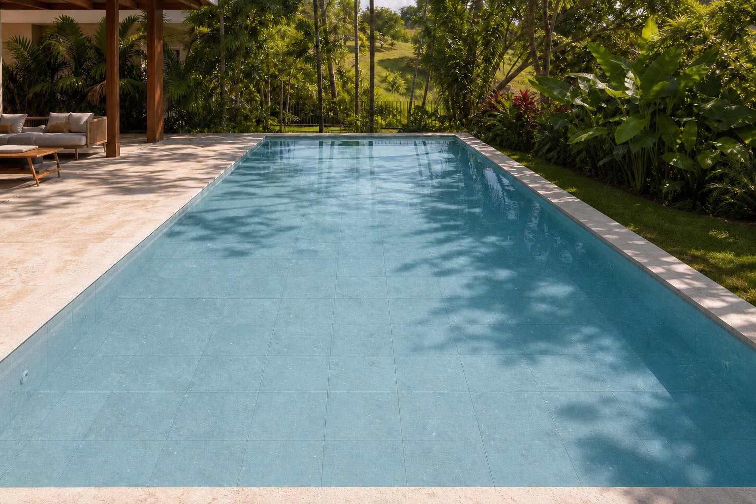 Piscina azul revestida com Pedra Aquamarine