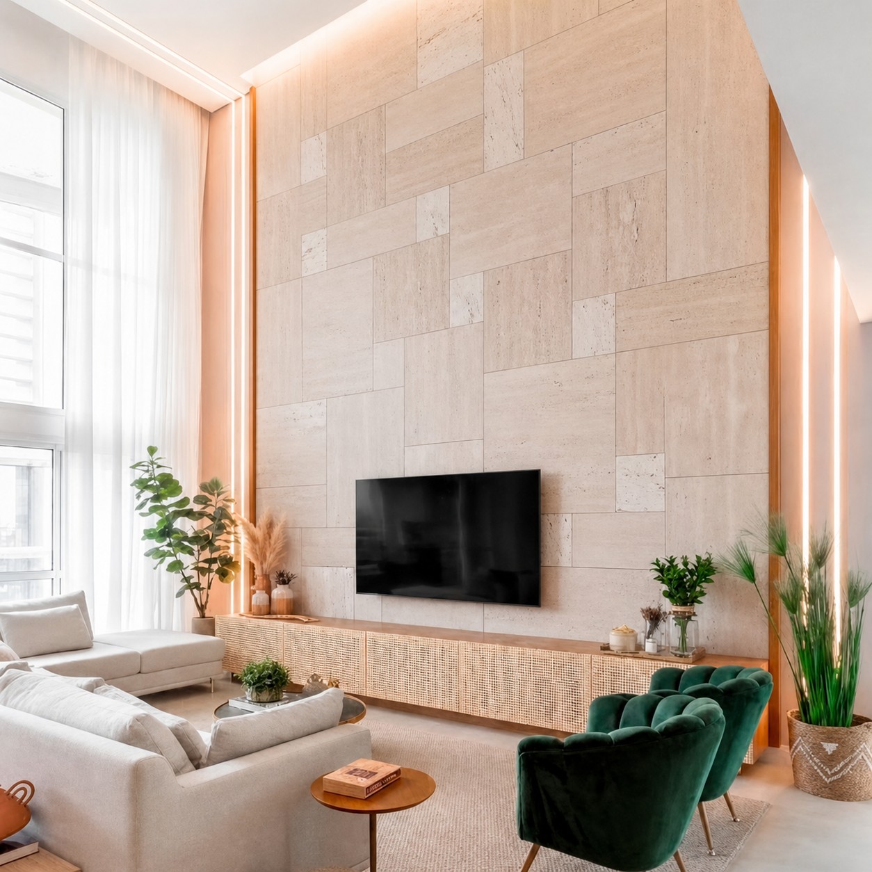 Parede de TV revestida com Travertino Palazzo